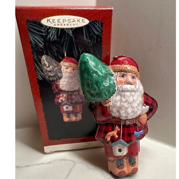 NEW 1996 Hallmark Keepsake Woodland Santa Ornament Pressed Tin Lumberjack - Picture 1 of 7